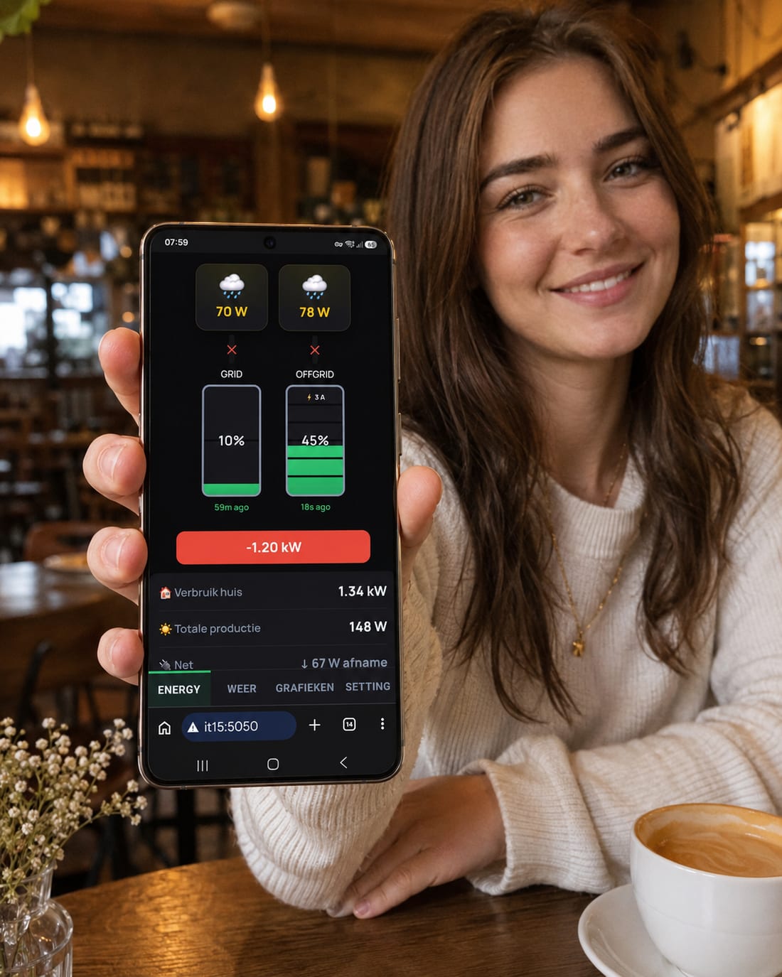 De Energie-app op een smartphone — live verbruik en productie onderweg